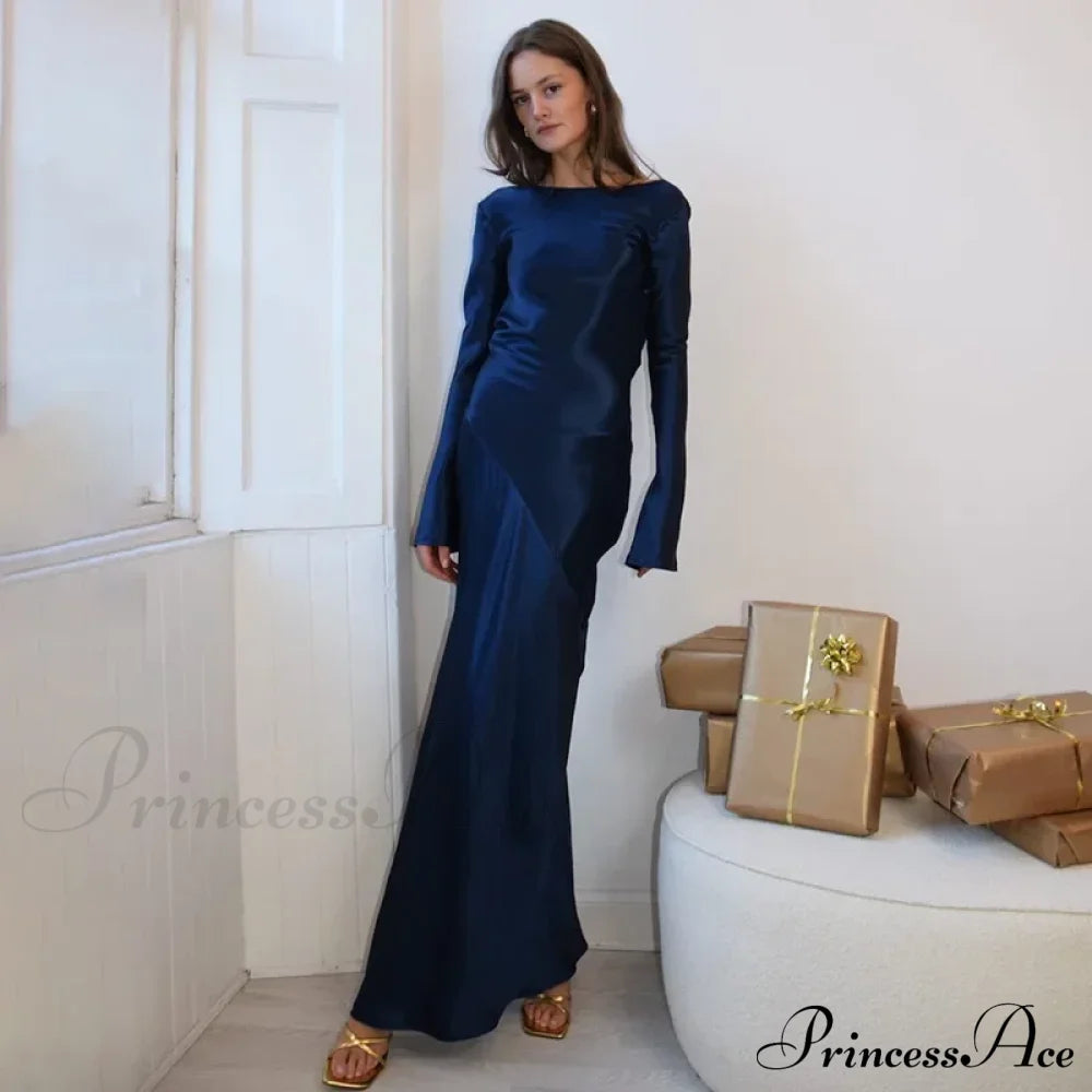 Satin Backless Maxi Dress Dark Blue / S