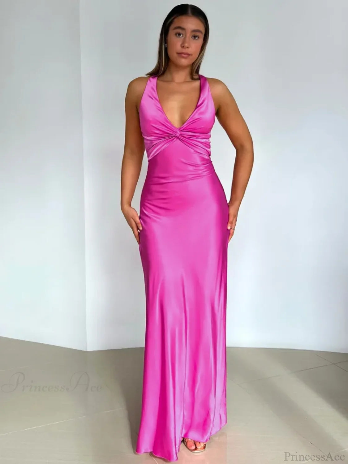 Satin Backless Ruched Vacation Dress Rose Red / S vacationdress-250223