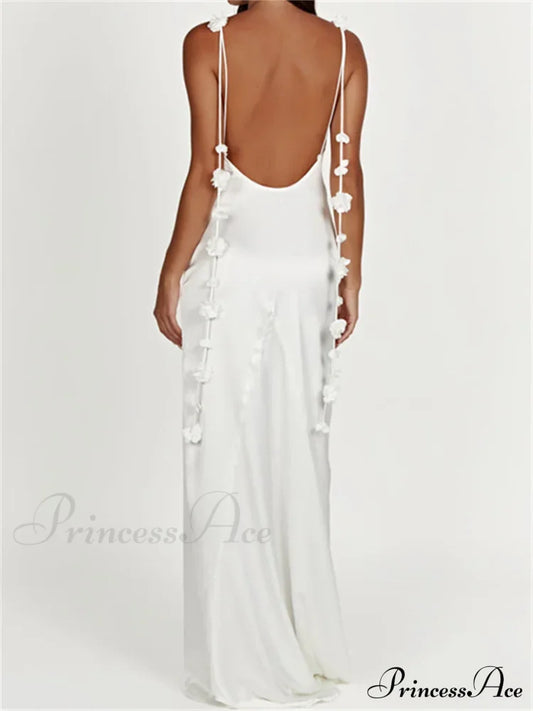 Satin Backless Spaghetti Strap For Women Sexy 3D Flower Tassels Party Cocktail Y2K Vestidos White /