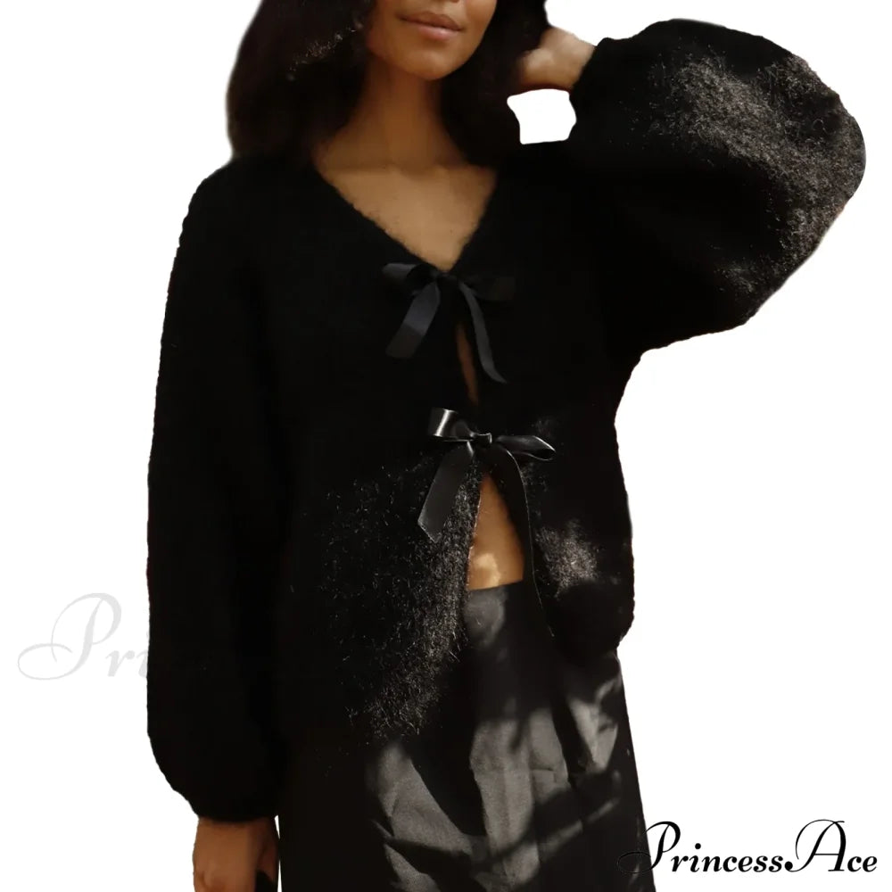 Satin Bow Tied V-Neck Cardigan Black / S Cardigan-241208