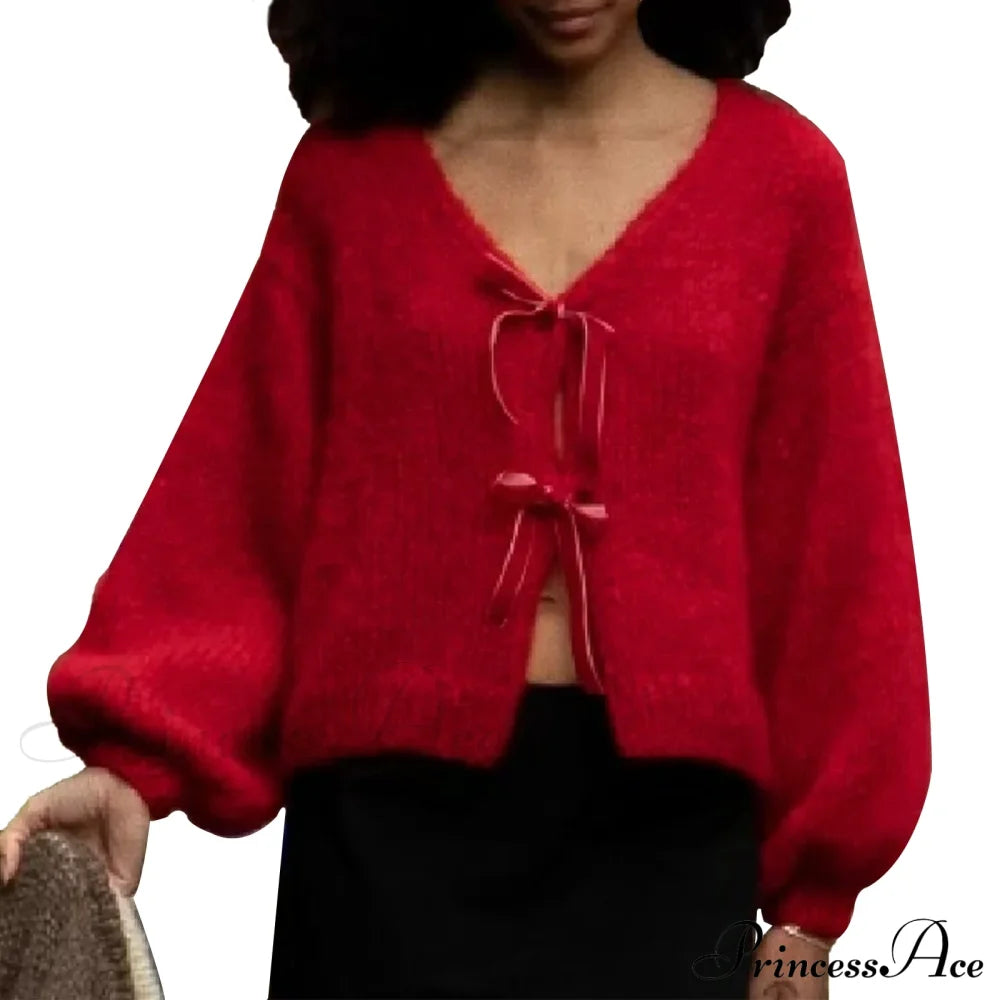 Satin Bow Tied V-Neck Cardigan Red / S Cardigan-241208