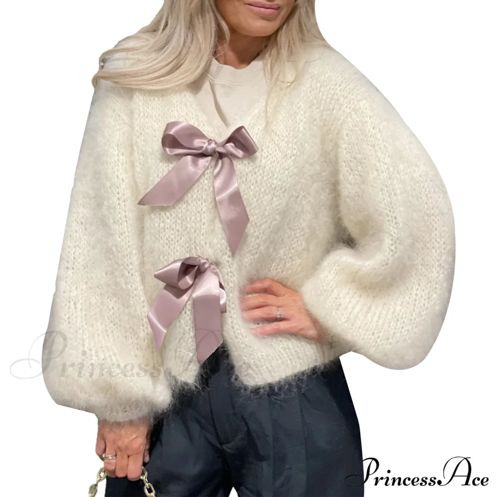 Satin Bow Tied V-Neck Cardigan White / S Cardigan-241208