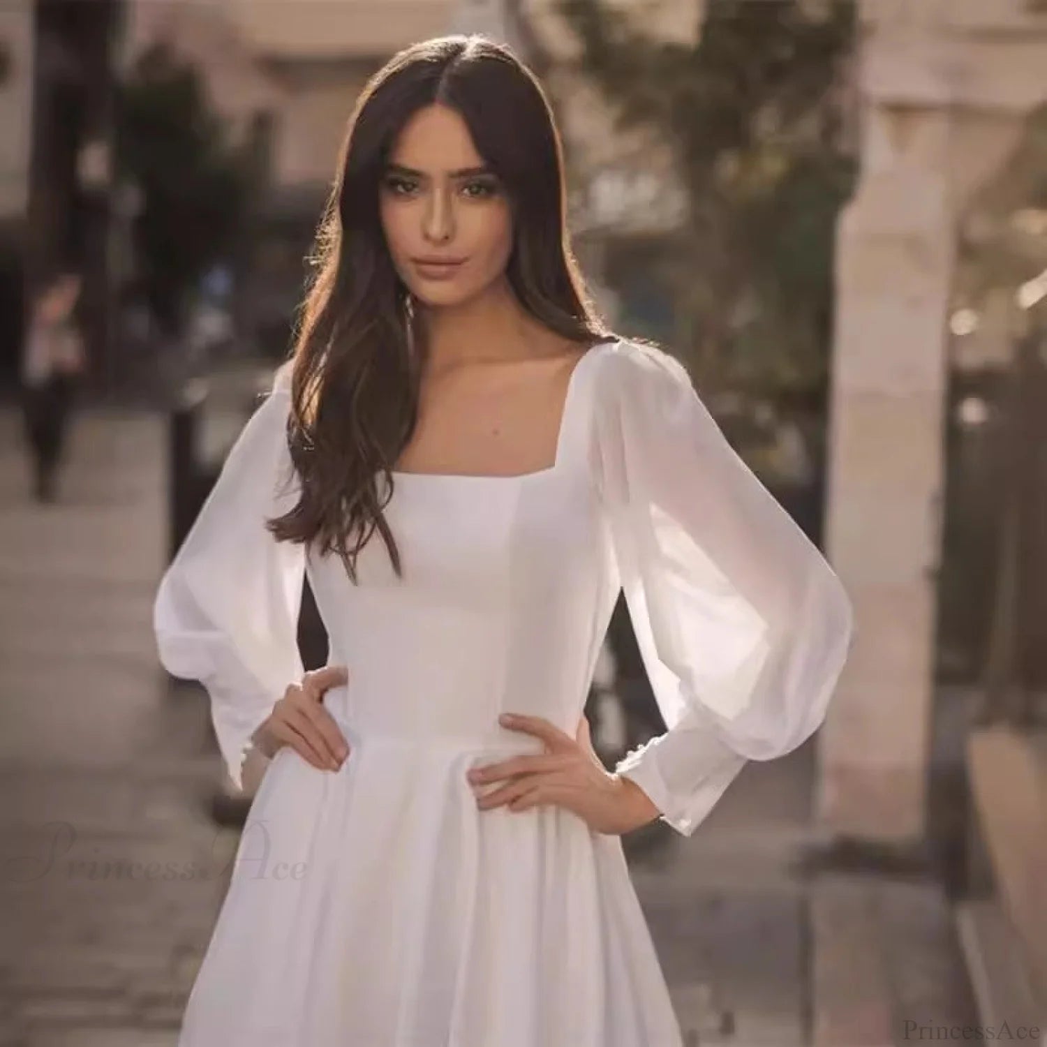 Satin Chiffon Sleeve Backless Wedding Dress weddingdress-250223