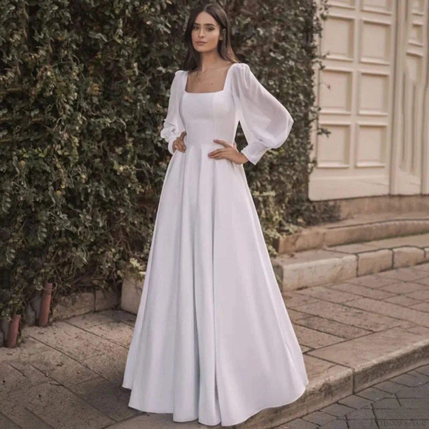 Satin Chiffon Sleeve Backless Wedding Dress weddingdress-250223