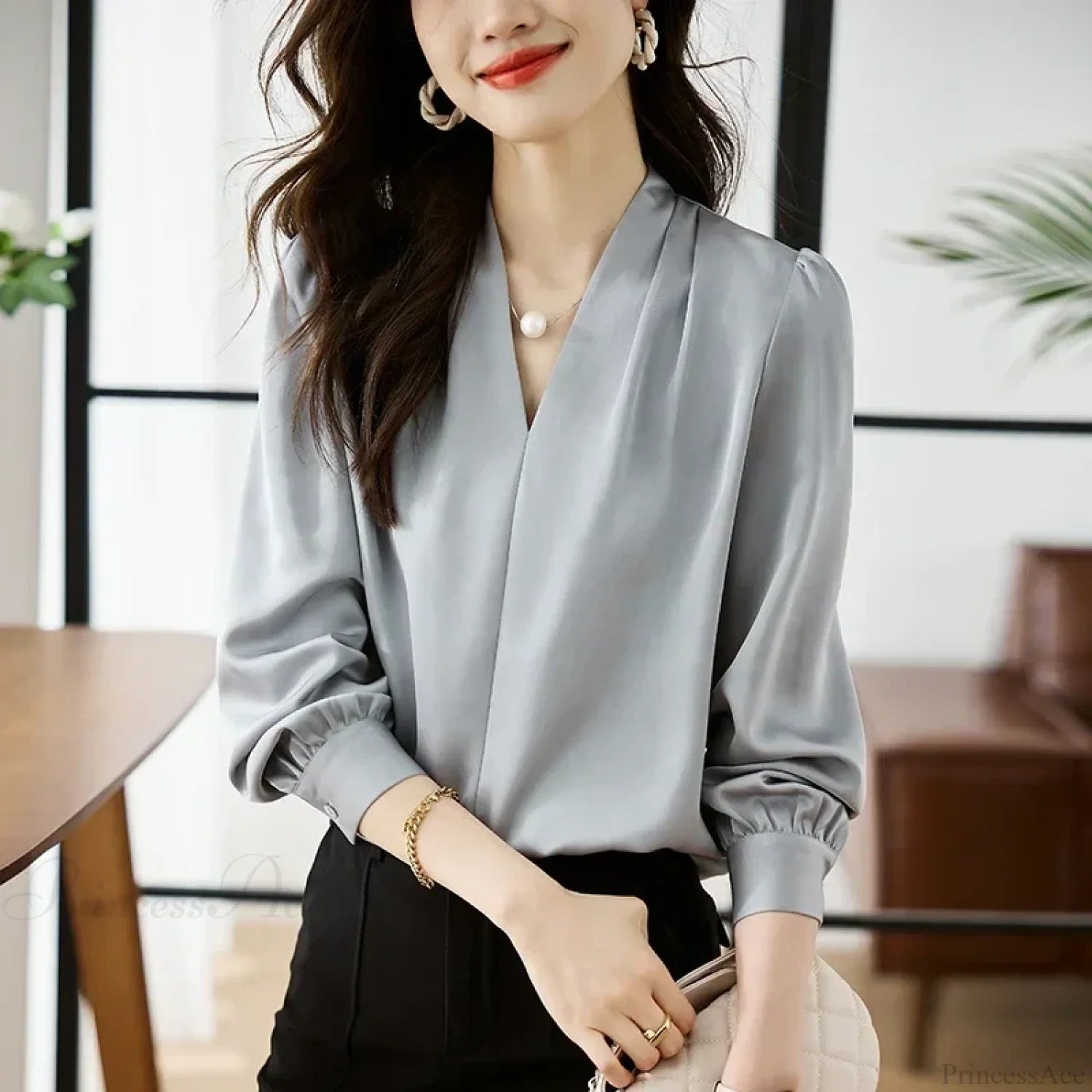 Satin Chiffon V-neck Soft Casual Blouse for Office blouse-250126