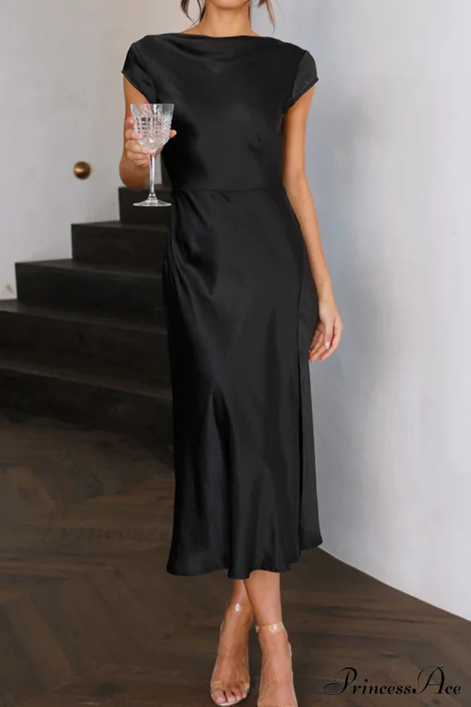 Satin Cowl Neck Dress With Twisted-Back Slit Black / S Midi Dresses