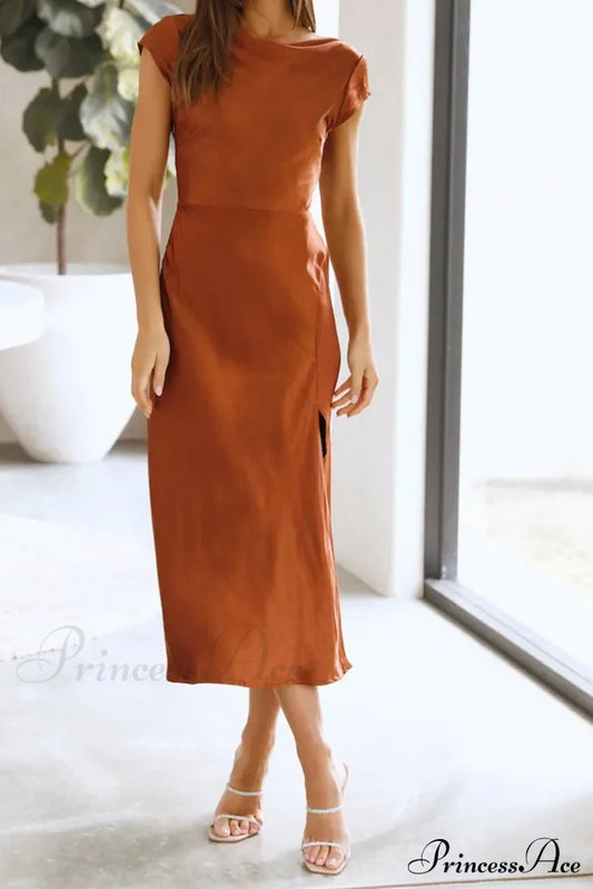 Satin Cowl Neck Dress With Twisted-Back Slit Brown / S Midi Dresses