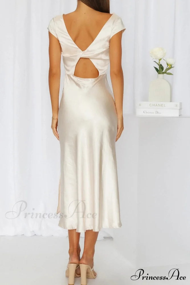 Satin Cowl Neck Dress With Twisted-Back Slit Champagne / L Midi Dresses