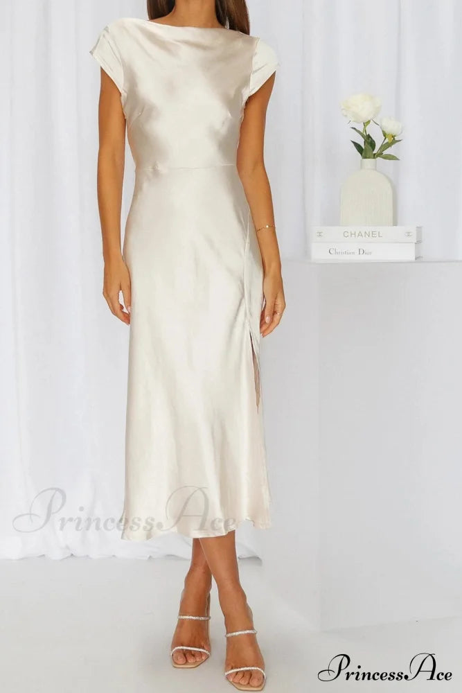 Satin Cowl Neck Dress With Twisted-Back Slit Champagne / M Midi Dresses