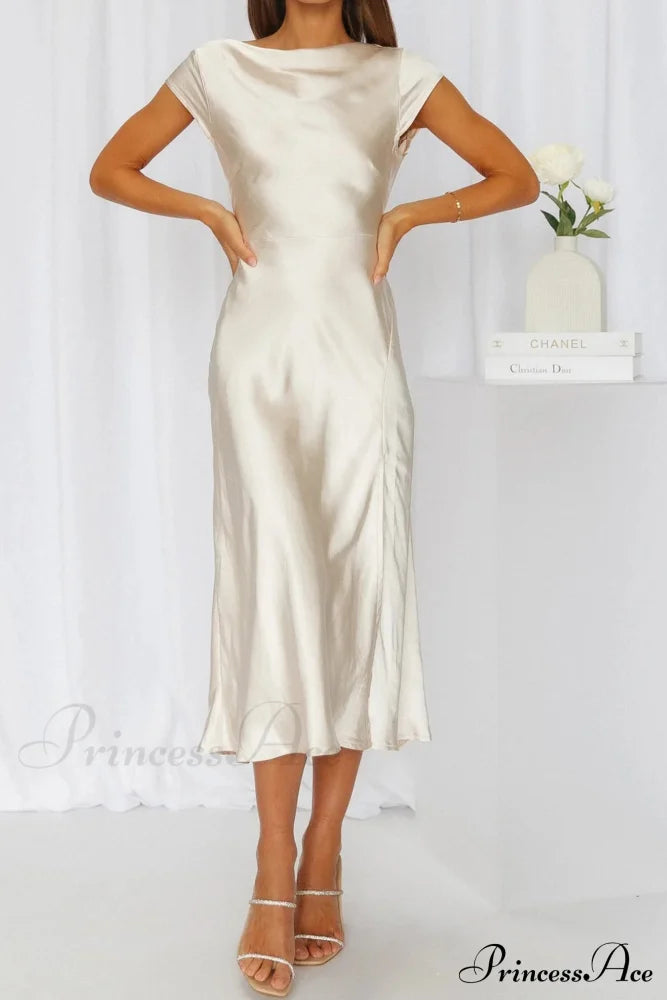 Satin Cowl Neck Dress With Twisted-Back Slit Champagne / S Midi Dresses