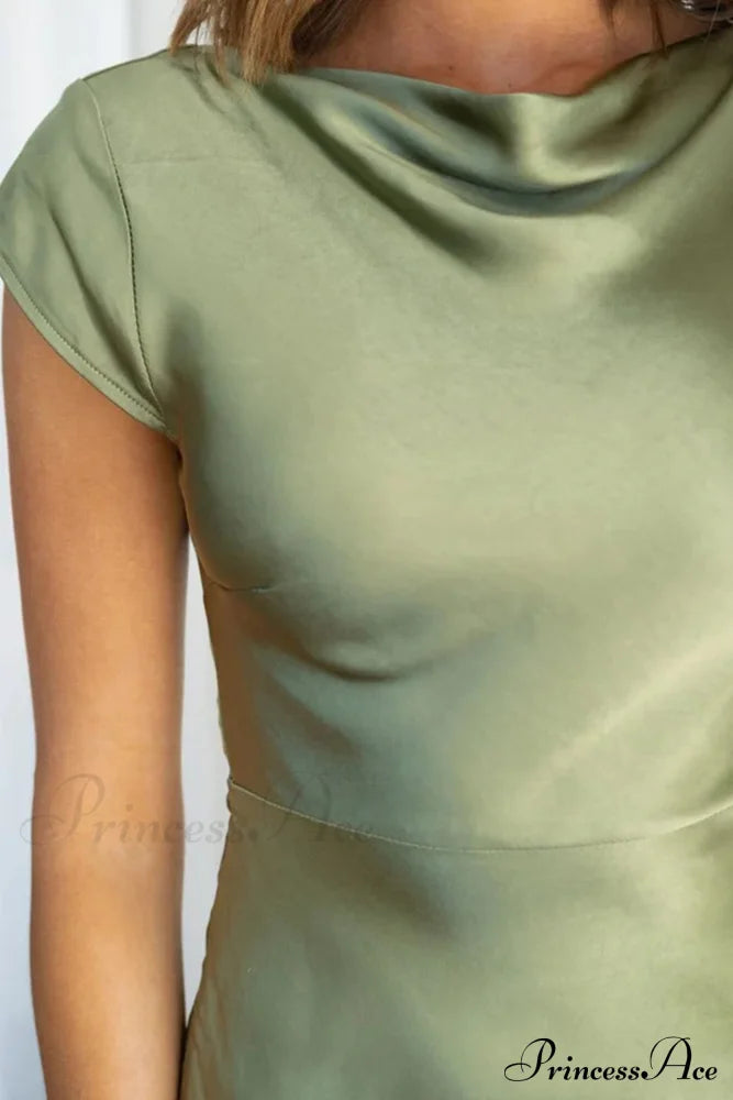 Satin Cowl Neck Dress With Twisted-Back Slit Green / L Midi Dresses