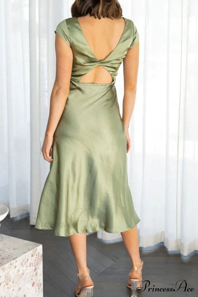 Satin Cowl Neck Dress With Twisted-Back Slit Green / Xl Midi Dresses