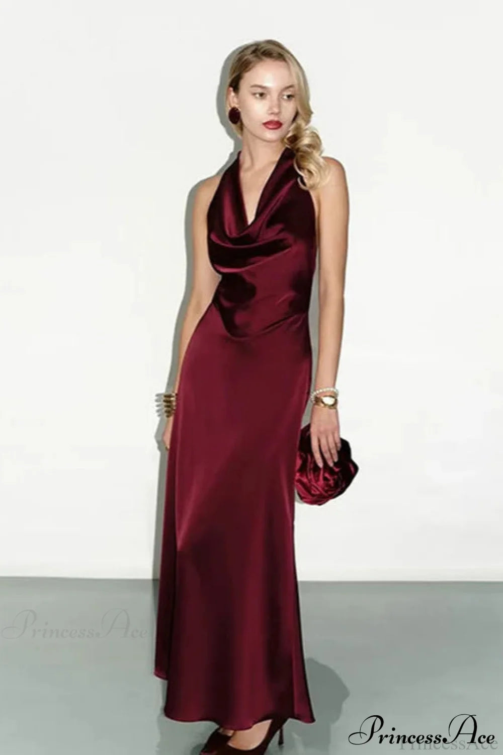 Satin Cowl Neck Halter Backless Slim Maxi Dress Red / S