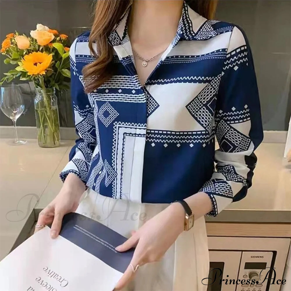 Satin Elegant Fashion Printing Shirt Blue / S