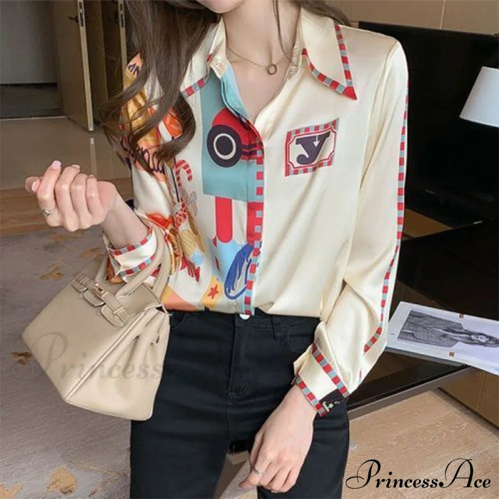 Satin Elegant Fashion Printing Shirt Patchwork / S