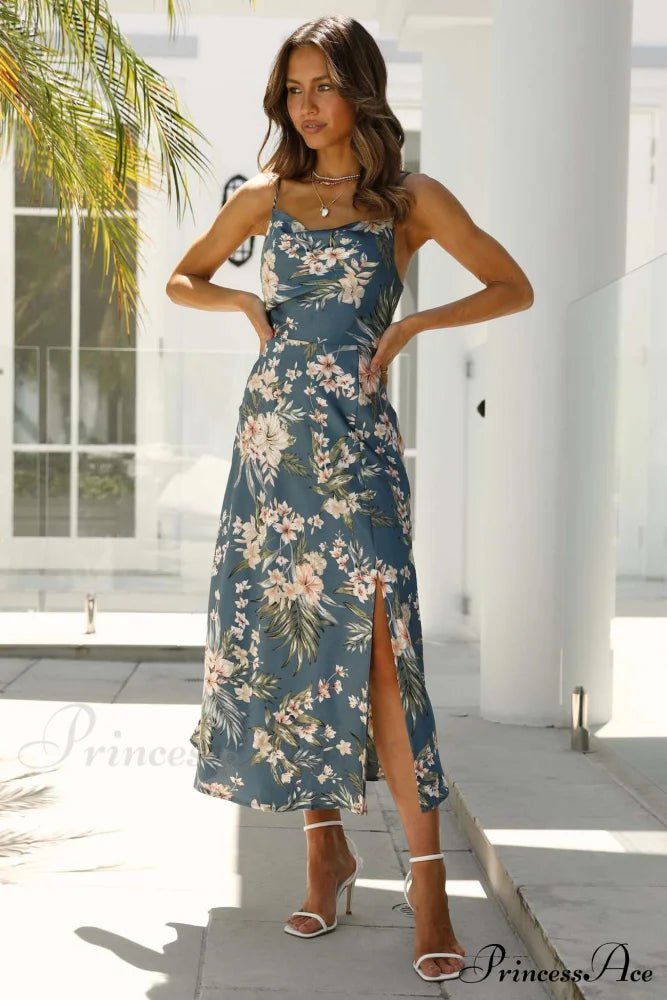 Satin Floral Print Cowl Neck Cami Dress With Slit Green / Xl Midi Dresses