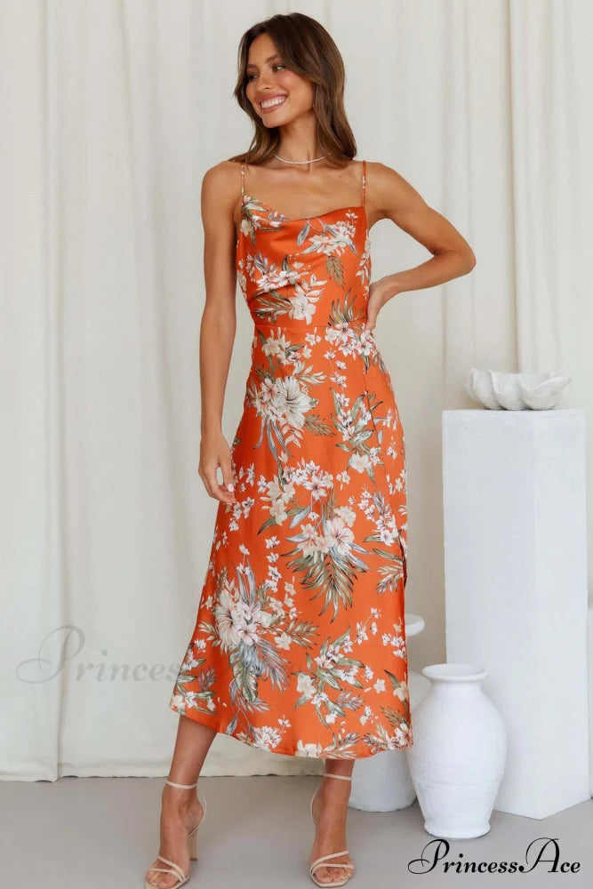 Satin Floral Print Cowl Neck Cami Dress With Slit Orange / L Midi Dresses