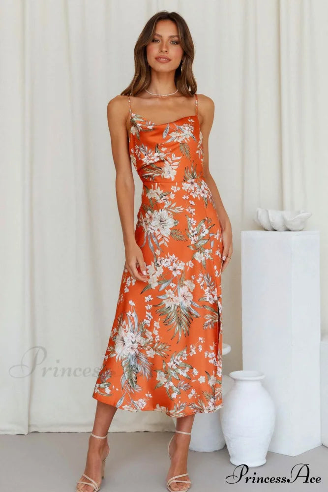 Satin Floral Print Cowl Neck Cami Dress With Slit Orange / M Midi Dresses