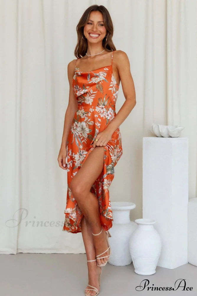 Satin Floral Print Cowl Neck Cami Dress With Slit Orange / S Midi Dresses