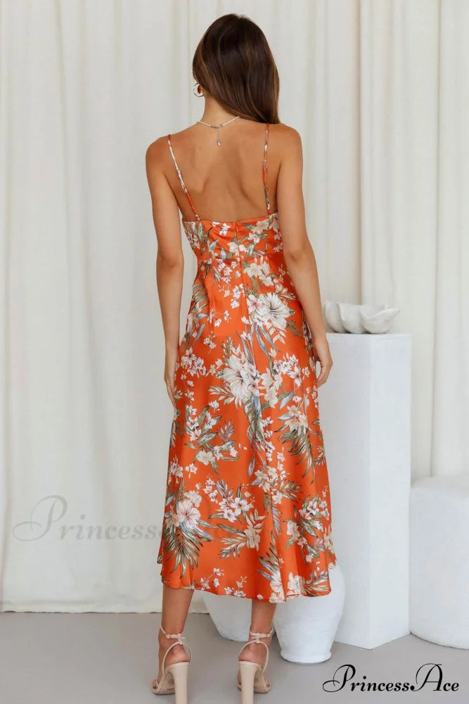 Satin Floral Print Cowl Neck Cami Dress With Slit Orange / Xl Midi Dresses