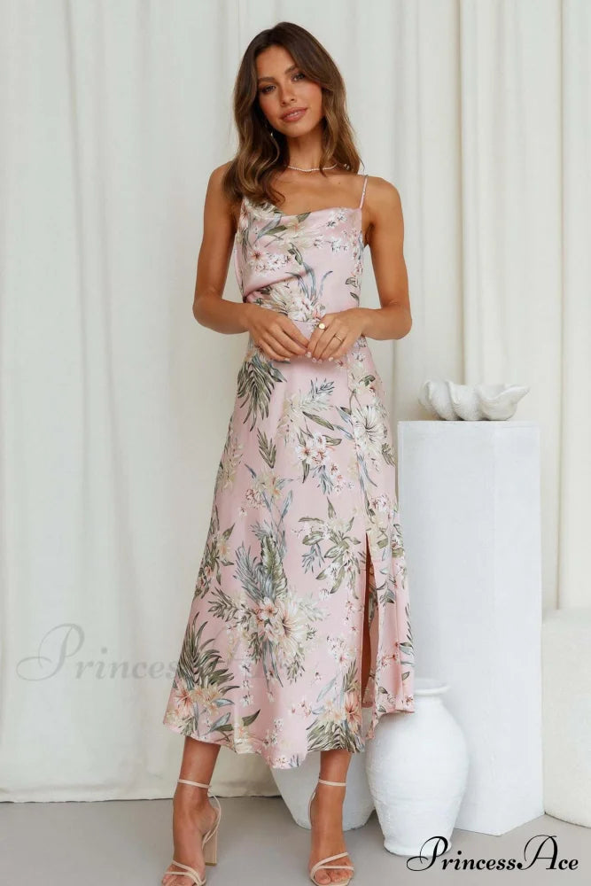 Satin Floral Print Cowl Neck Cami Dress With Slit Pink / L Midi Dresses