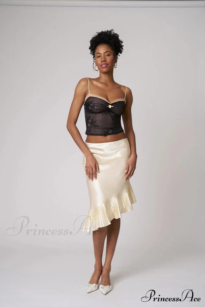 Satin Irregular Pleated Charming Trim Midi Skirt
