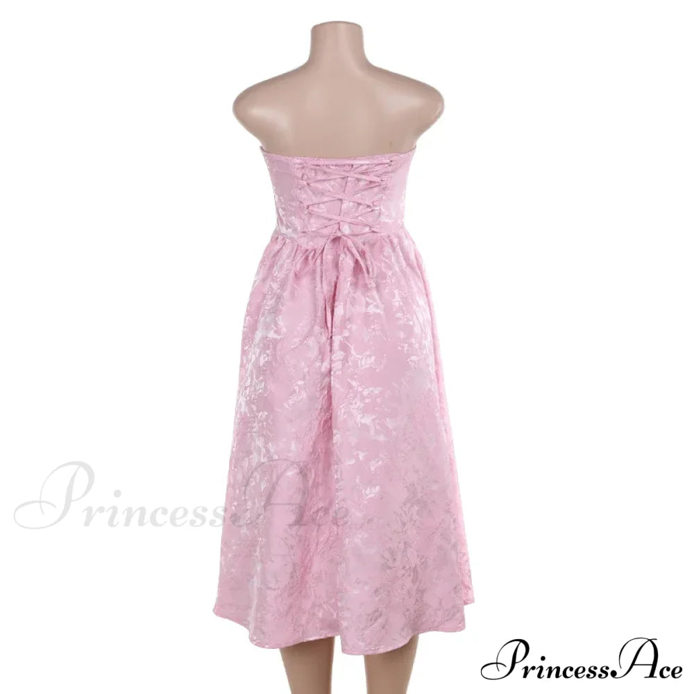 Satin Jacquard Printed Charming Tube Flare Midi Dress