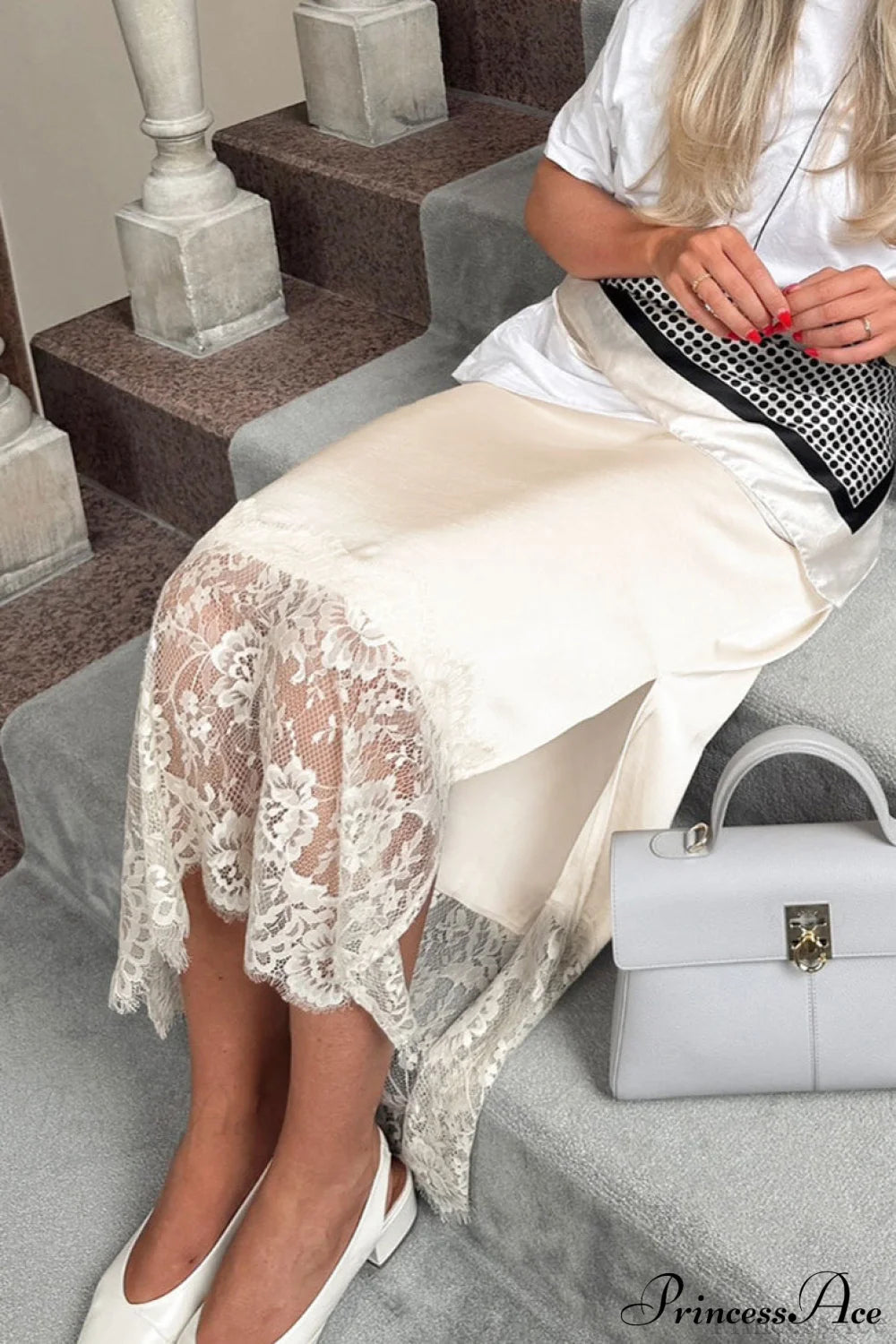 Satin Lace Paneled Side Slit Midi Skirt