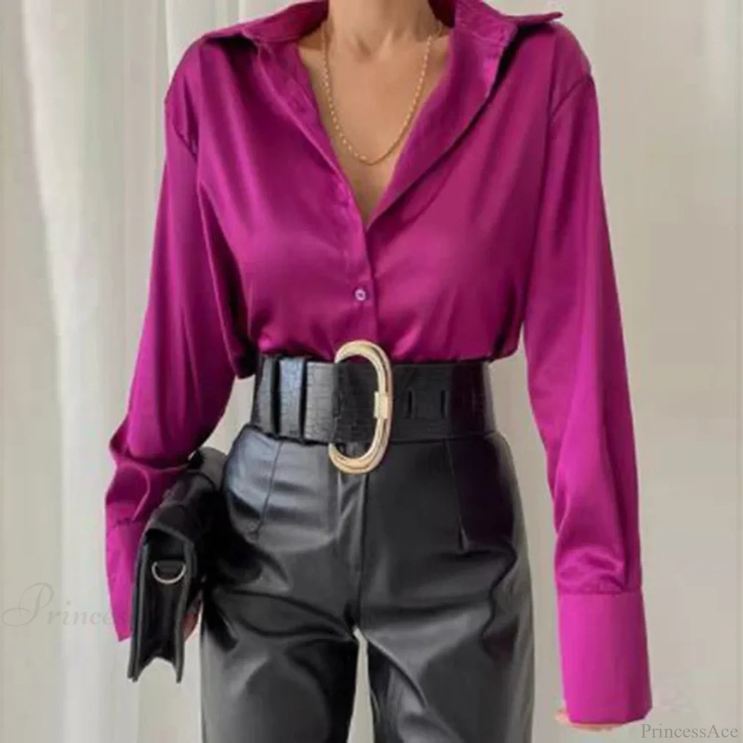 Satin Long Sleeve Vintage Blue Blouse Fuchsia / S blouse-250223