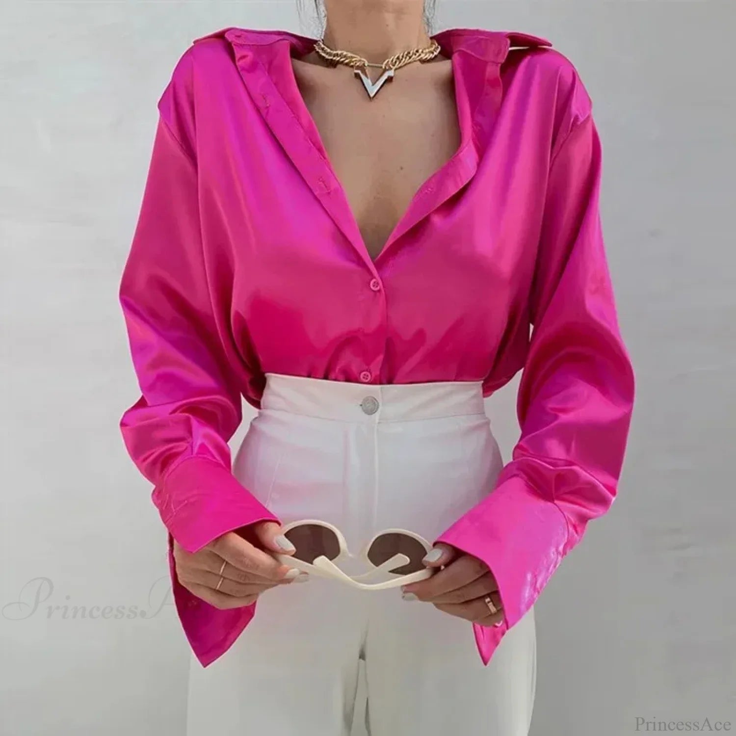 Satin Long Sleeve Vintage Blue Green Silk Button Blouse Rose Red / S blouse-250126