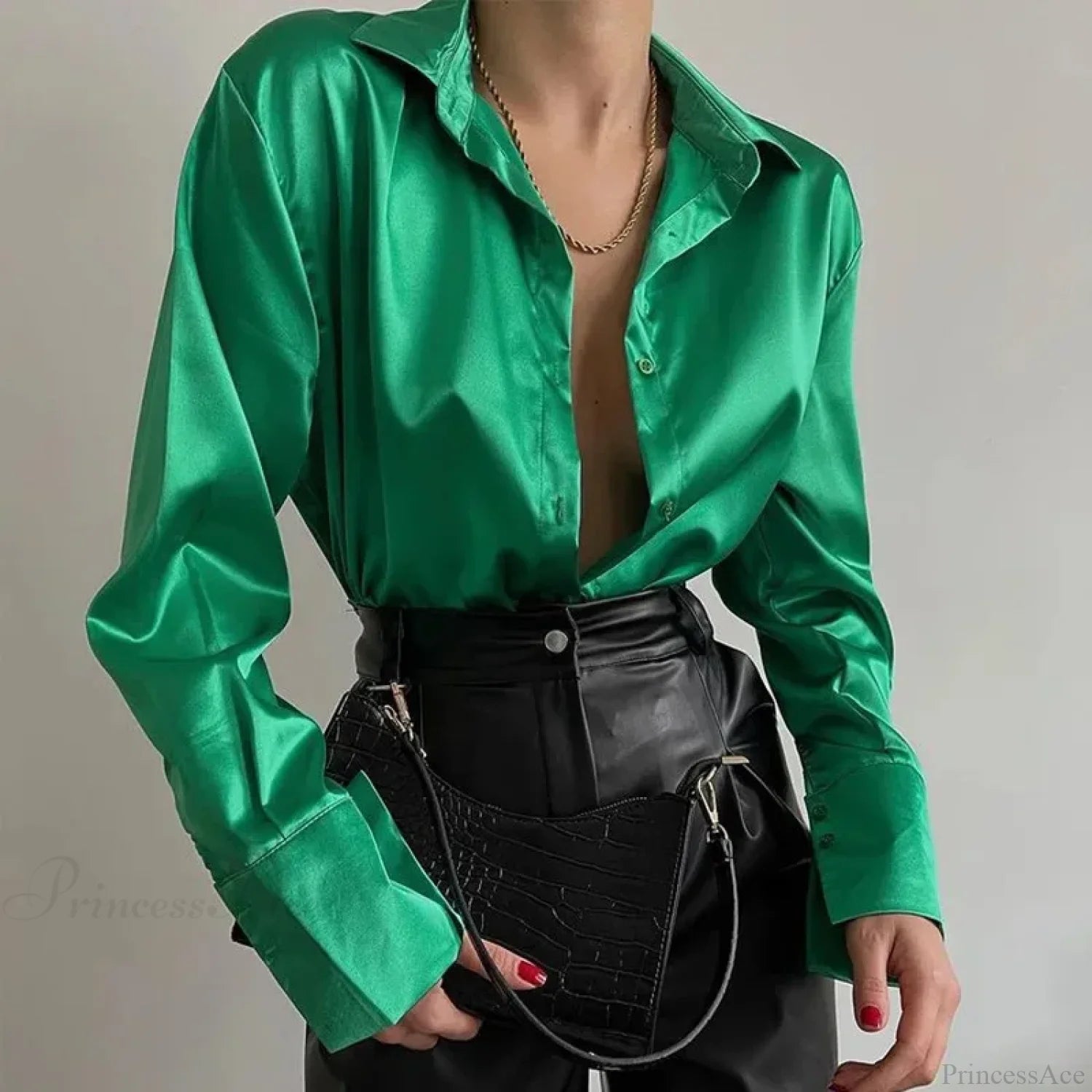 Satin Long Sleeve Vintage Blue Green Silk Button Blouse Green / S blouse-250126