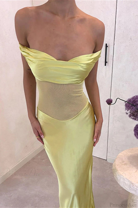 Satin Mesh Off Shoulder Elegant Maxi Dress