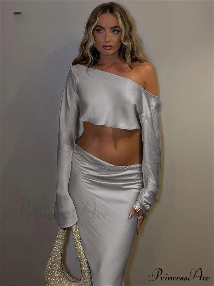 Satin Off Shoulder Long Sleeve Crop Top Maxi Dress