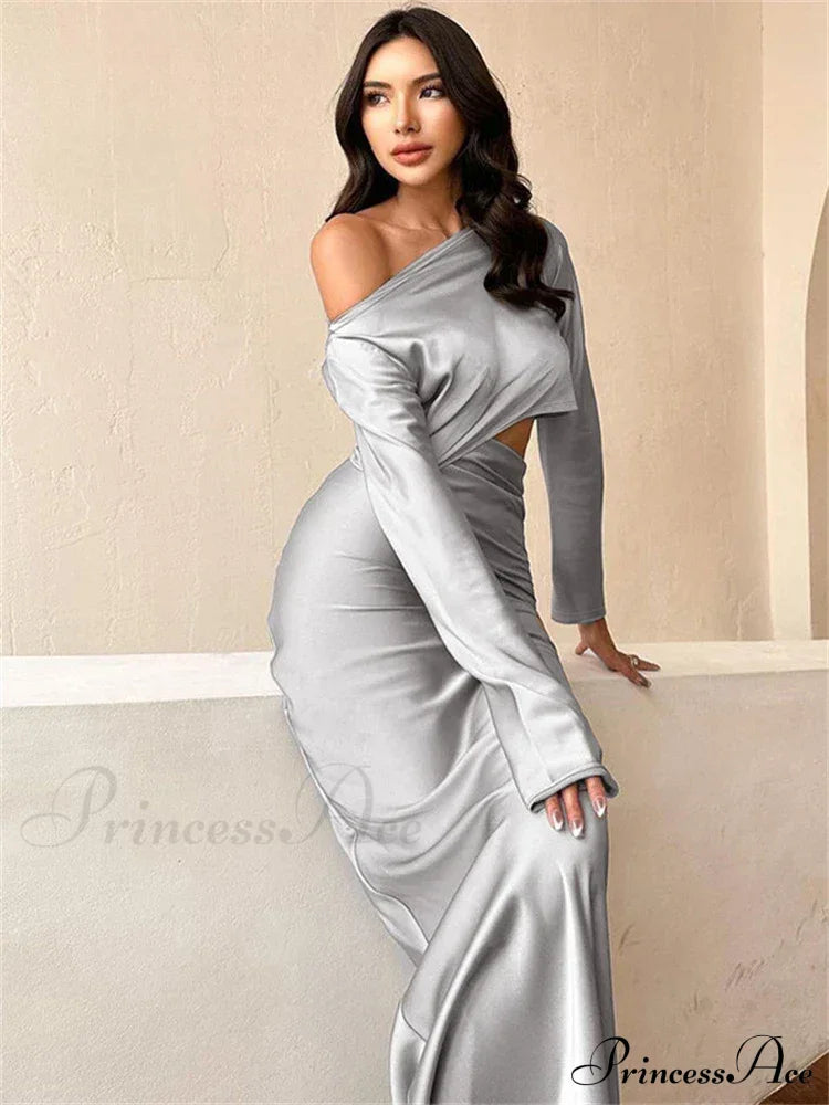 Satin Off Shoulder Long Sleeve Crop Top Maxi Dress Gray / S