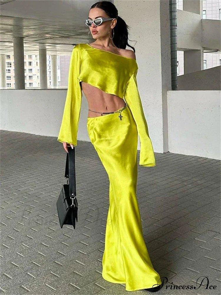 Satin Off Shoulder Long Sleeve Crop Top Maxi Dress Yellow / S