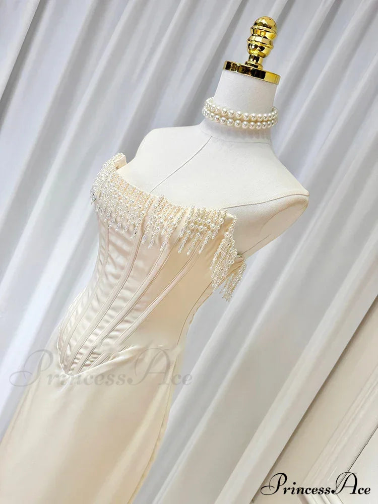 Satin Pearl Tassel Charming Corset Tube Midi Dress