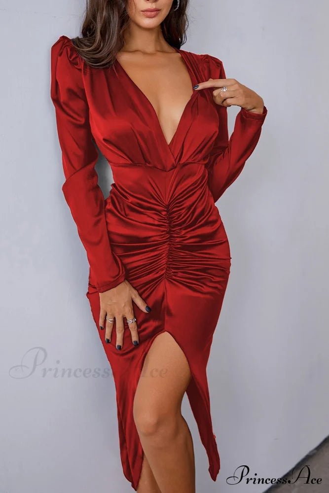 Satin Puff Sleeve Ruched Dress Red / S Midi Dresses