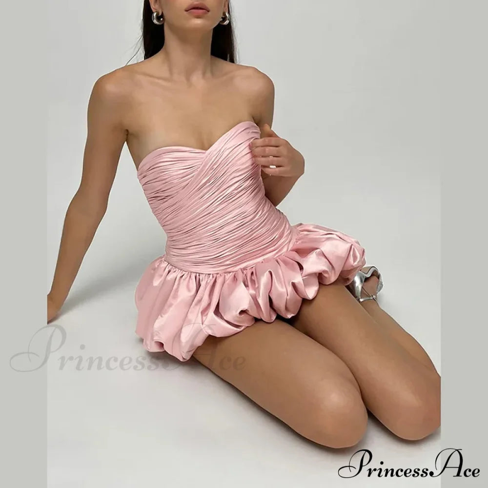 Satin Ruched Stylish Puff Mini Dress Solid