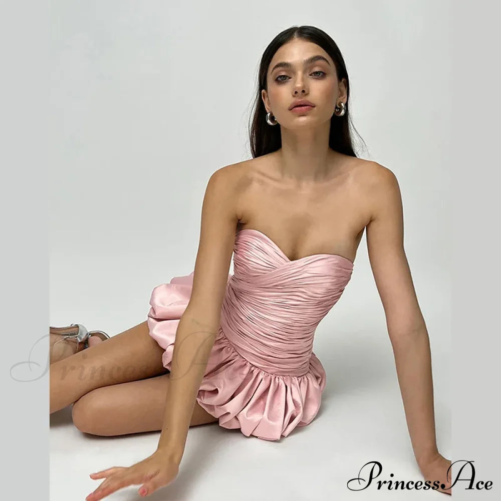 Satin Ruched Stylish Puff Mini Dress Solid