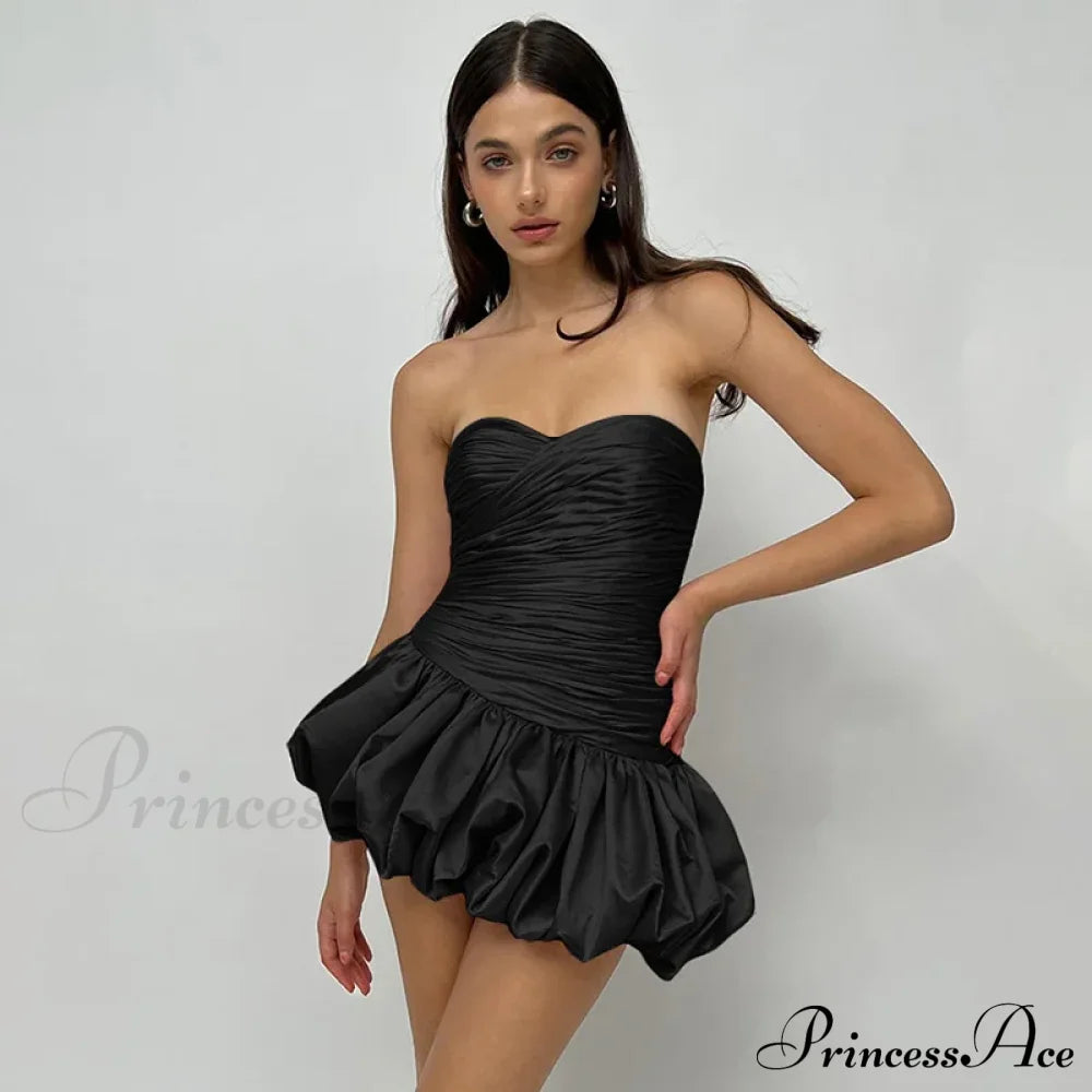 Satin Ruched Stylish Puff Mini Dress Solid