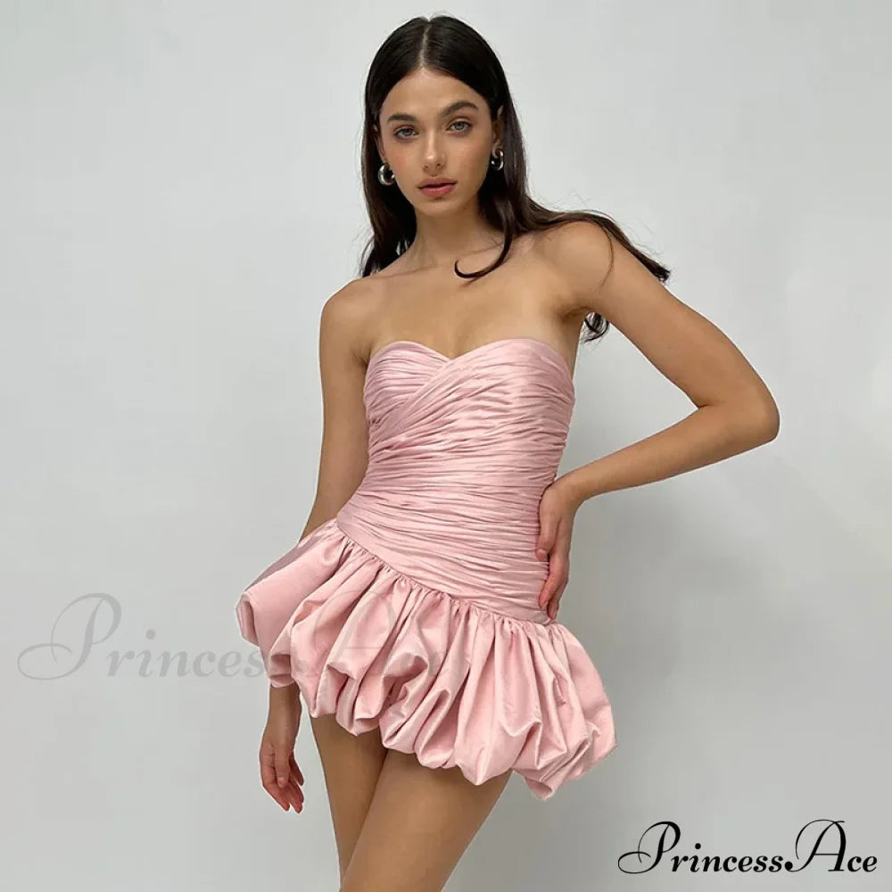 Satin Ruched Stylish Puff Mini Dress Solid