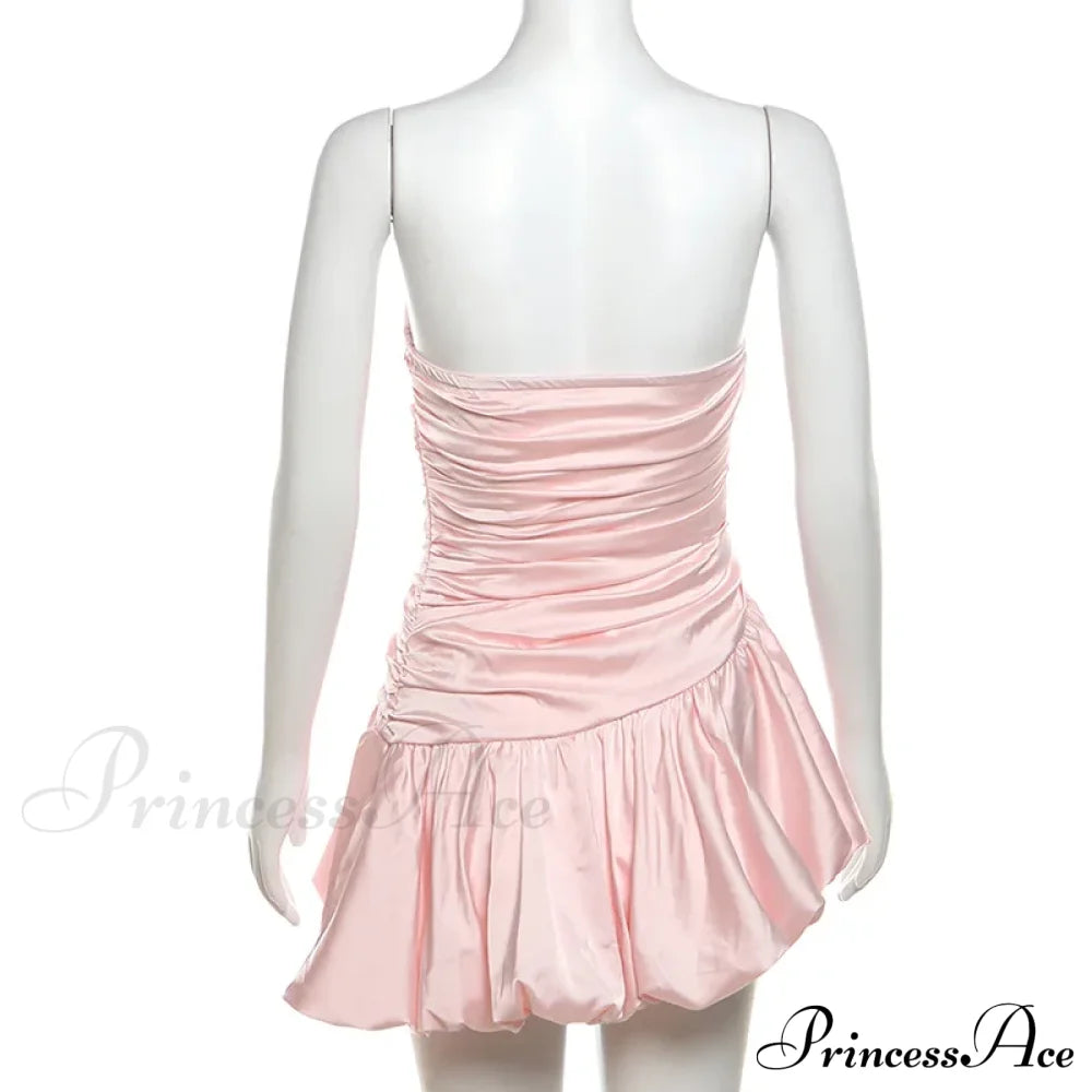 Satin Ruched Stylish Puff Mini Dress Solid