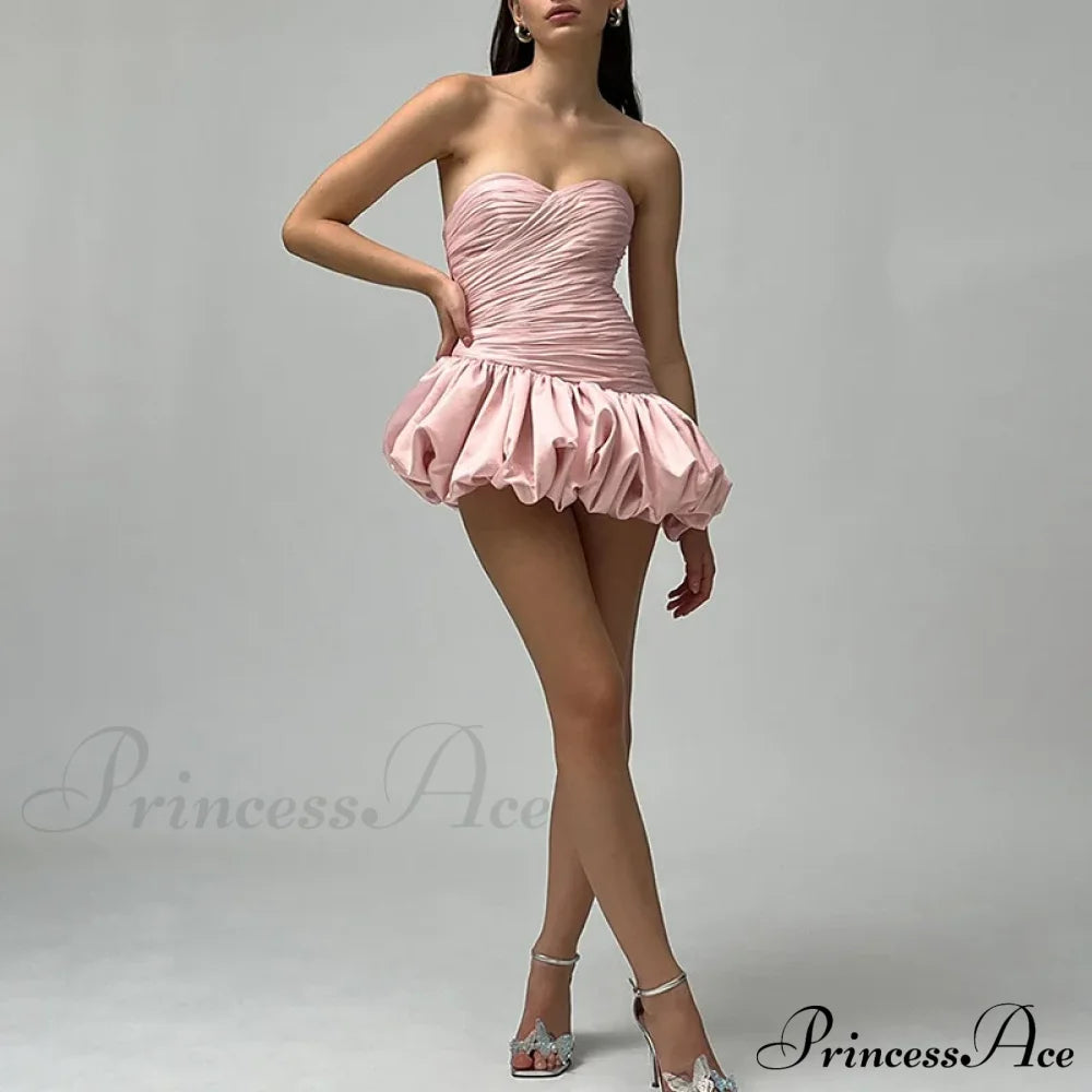 Satin Ruched Stylish Puff Mini Dress Solid