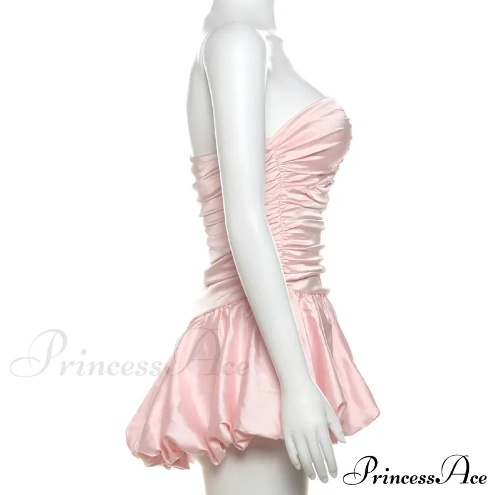 Satin Ruched Stylish Puff Mini Dress Solid