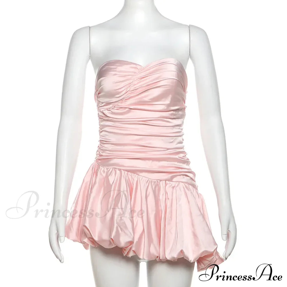 Satin Ruched Stylish Puff Mini Dress Solid