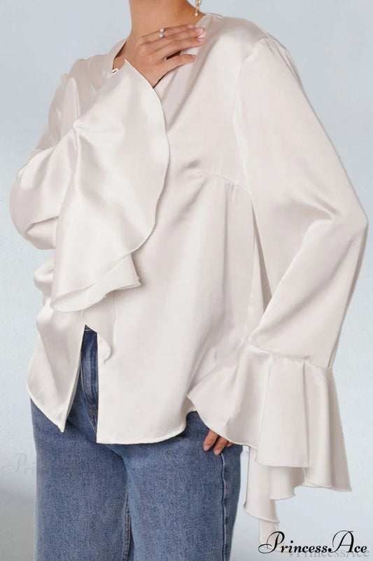 Satin Ruffled Solid Color Blouse