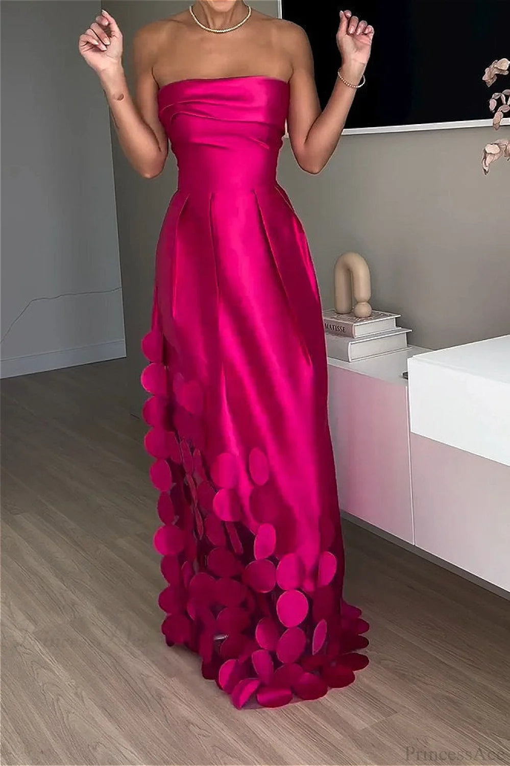 Satin Sequined Paneled Strapless High Waist Wedding Dress