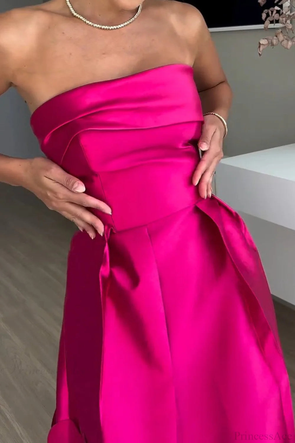 Satin Sequined Paneled Strapless High Waist Wedding Dress