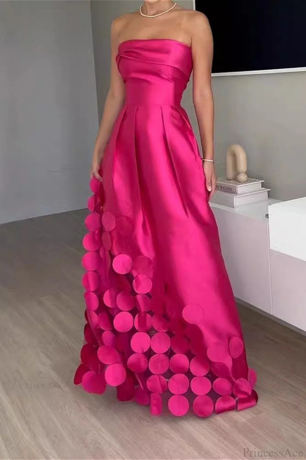 Satin Sequined Paneled Strapless High Waist Wedding Dress Rose red / S