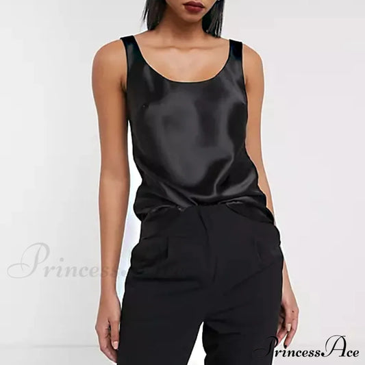 Satin Sleeveless Basic Tank Top Black / S